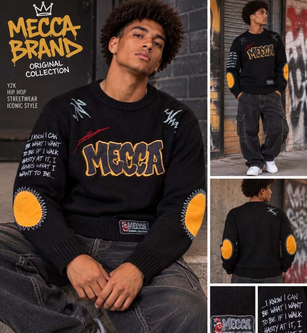 MECCA BRAND Original Collection Sweater M 10/12 Y2K Embroidered Black Yellow
